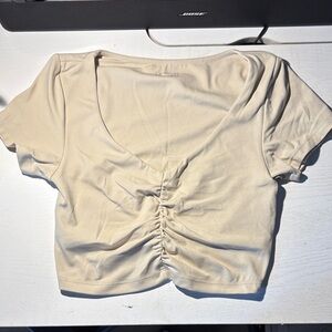 Aerie Cream Ruched V-Neck Blouse